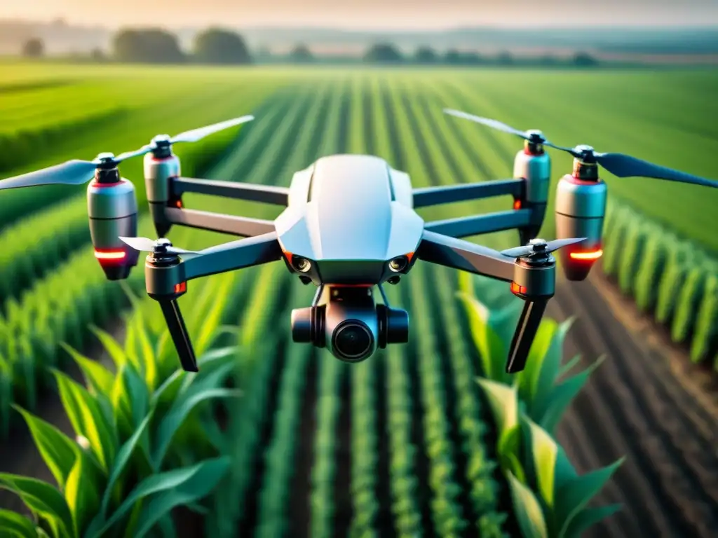 Un drone agrícola futurista sobrevolando cultivos verdes, capturando datos detallados