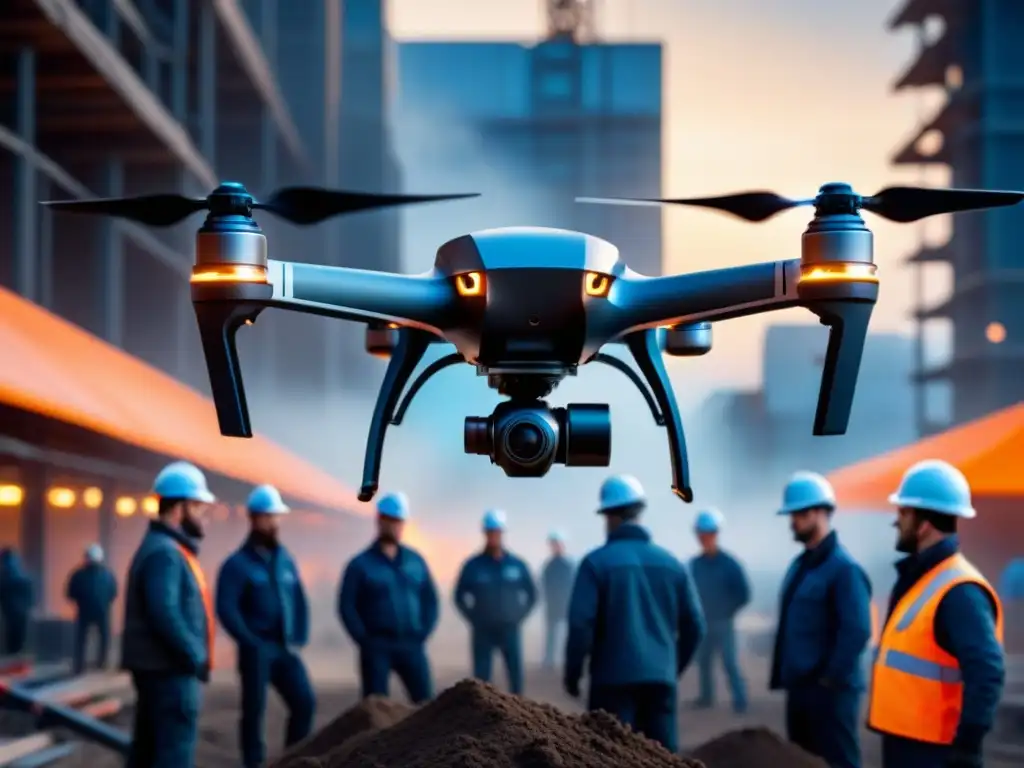 Un drone futurista monitorea trabajadores en una construcción