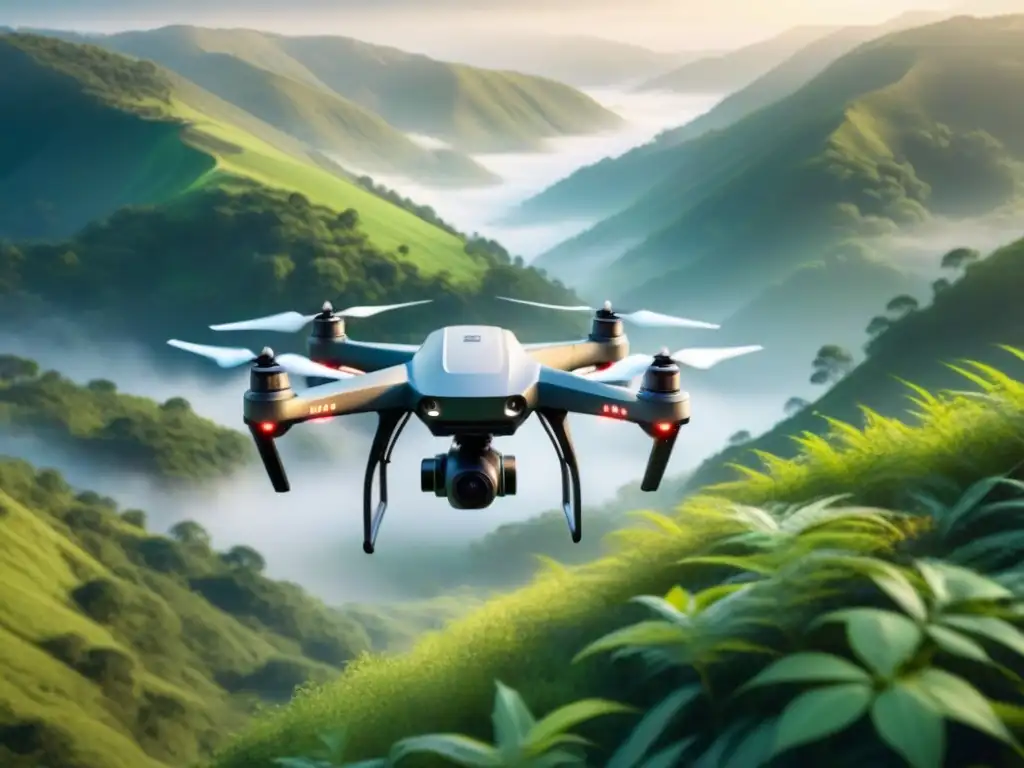 Dron futurista geotecnológico explorando paisaje natural Drone futurista con sensores geotecnológicos explorando paisaje natural