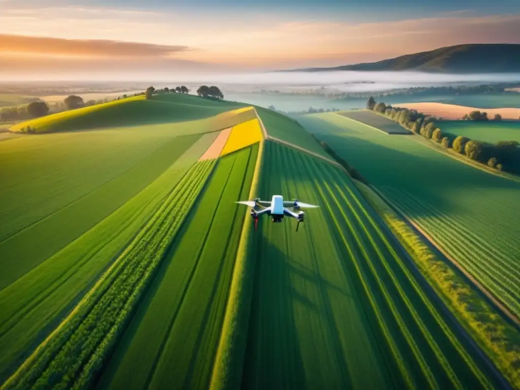 Un drone sobrevolando un paisaje al atardecer, proyectando una sombra larga sobre campos verdes