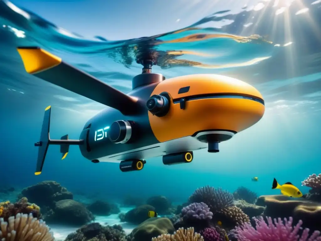 Drone submarino futurista rodeado de peces tropicales, destacando innovaciones detección obstáculos submarinos en ambiente marino