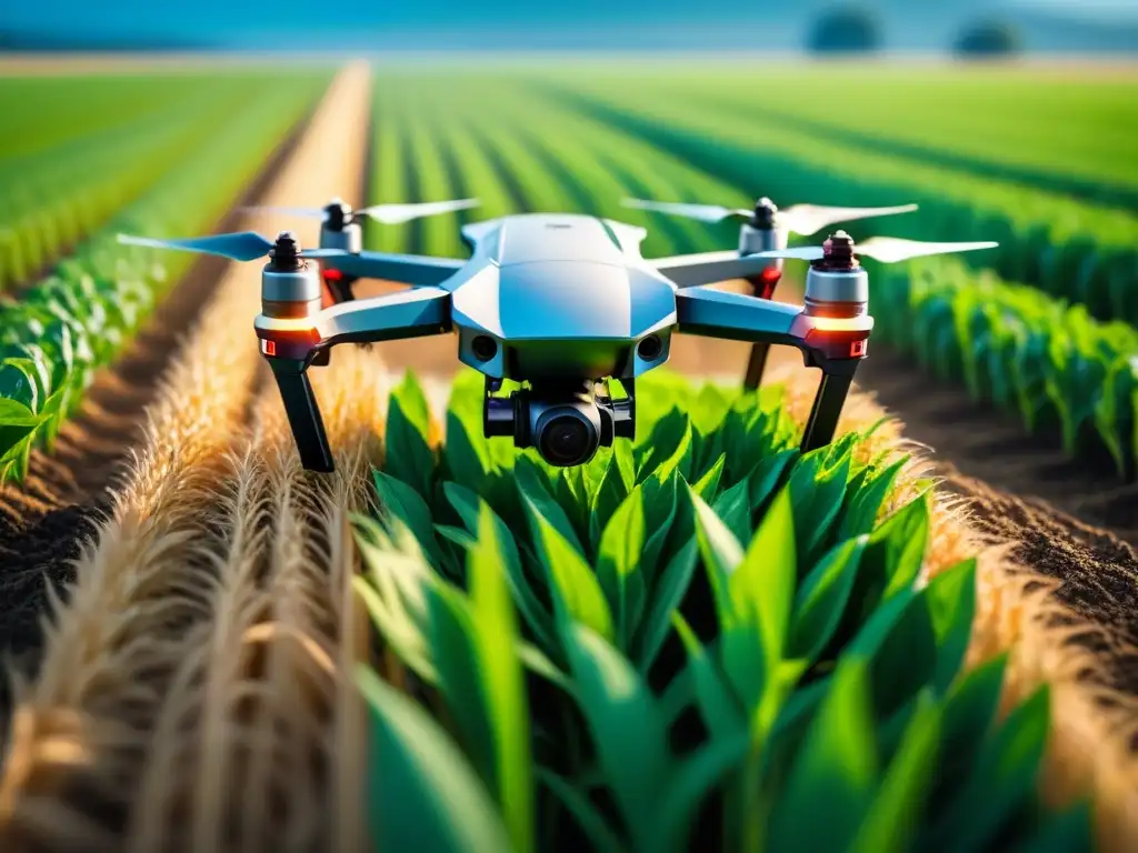 Drone tecnológico monitoreando recursos agrícolas en campo verde