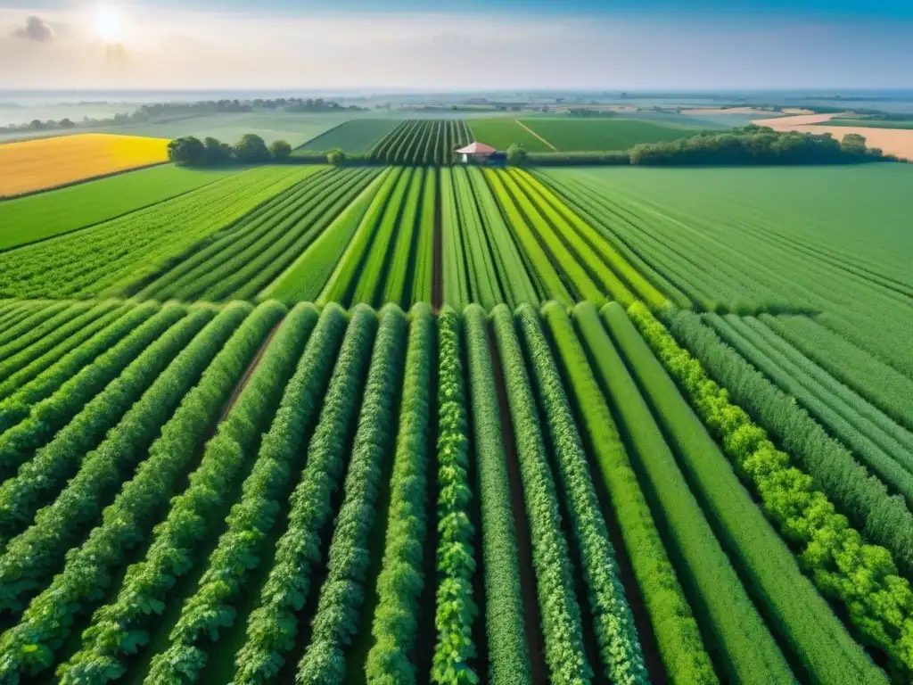 Drones agrícolas monitoreo cultivos sostenible: Campo verde con cultivos y dron de alta tecnología capturando datos