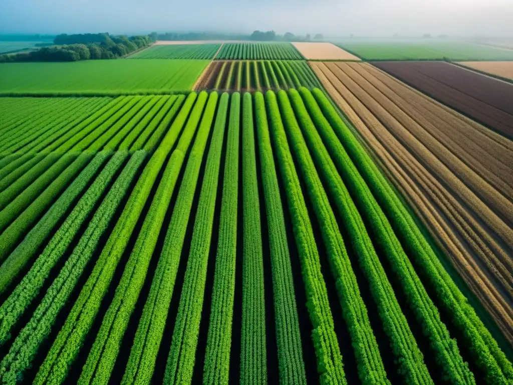 Drones agrícolas monitoreo cultivos sostenible: Vista aérea de campos verdes con cultivos organizados en filas, capturada con precisión por dron