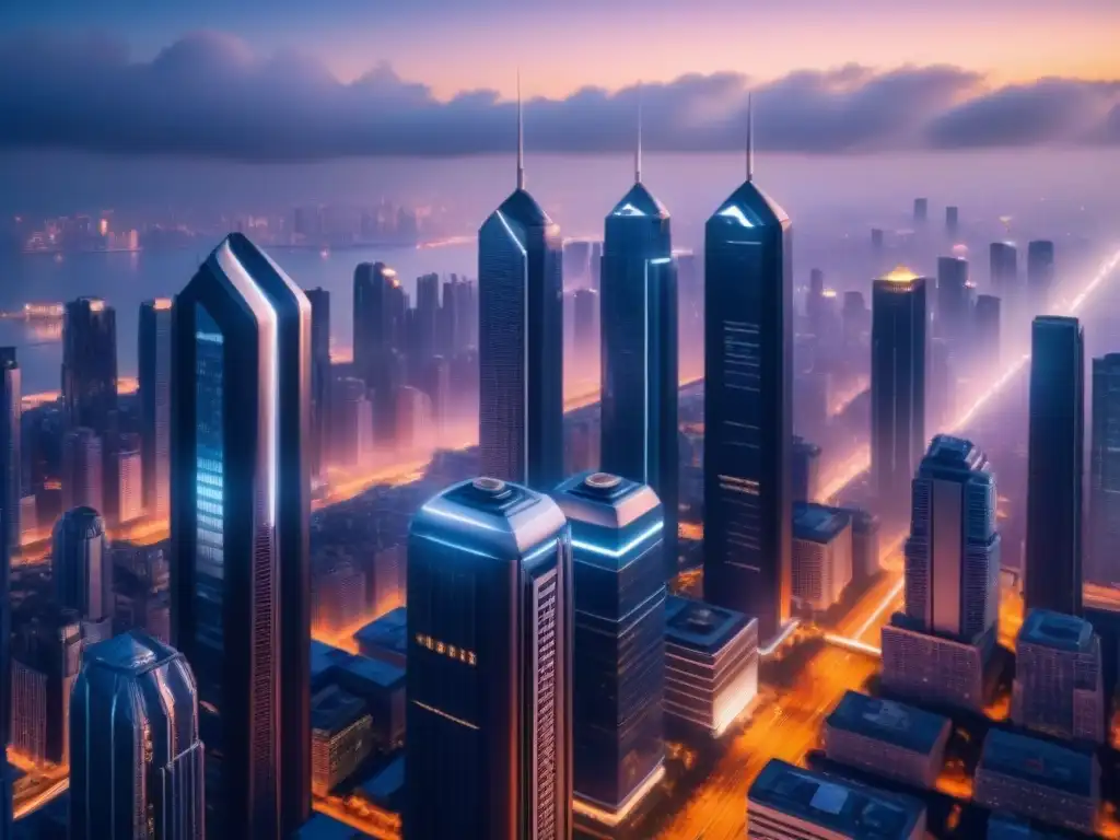 Drones vigilancia urbana regulaciones: Drones futuristas sobrevuelan la ciudad iluminada, simbolizando la tecnología de vigilancia urbana