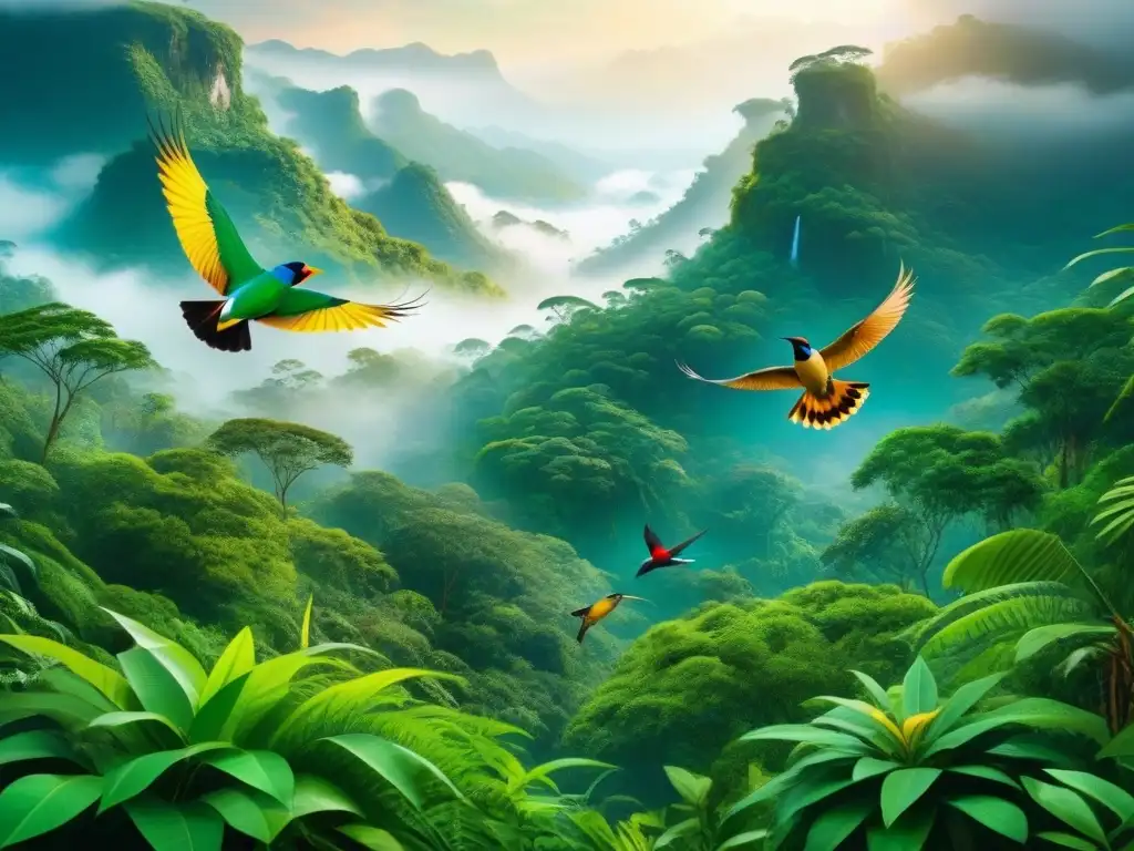 Exuberante ecosistema de selva: conservación frente a la minería Un ecosistema de selva biodiversa con flora y fauna vibrante en armonía, destaca la importancia de la minería sostenible, biodiversidad y conservación