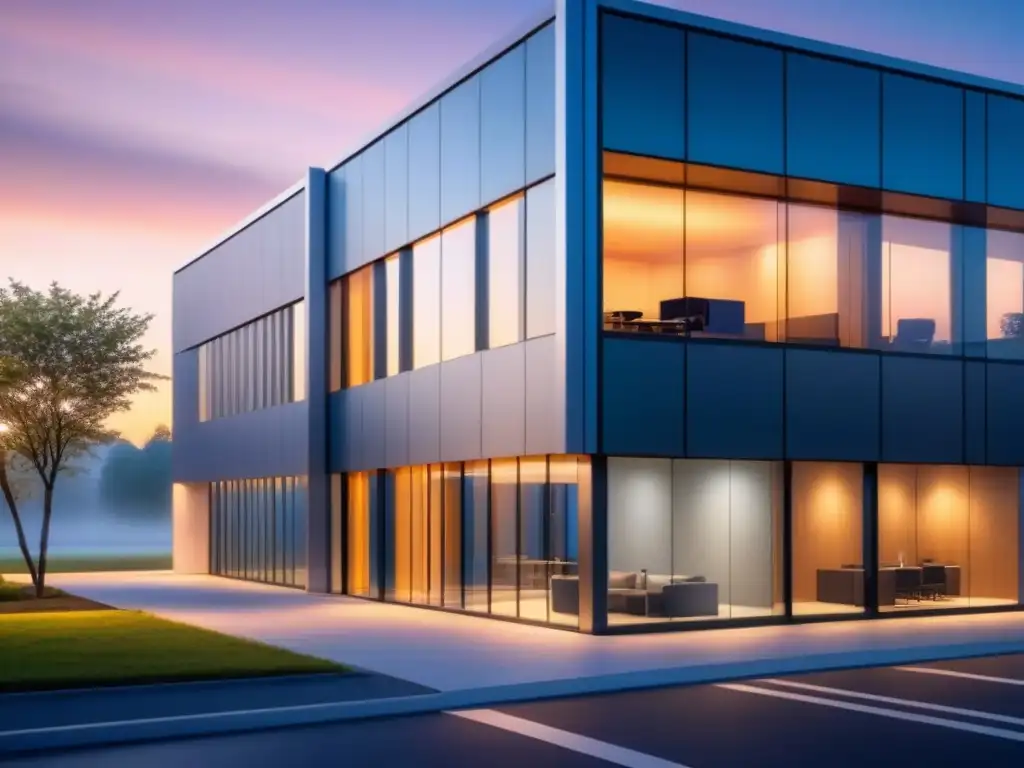 Edificio corporativo con cámara de seguridad al atardecer Edificio corporativo moderno al atardecer con cámara de seguridad avanzada, reflejos dorados, Empresas seguridad sistemas vigilancia avanzados