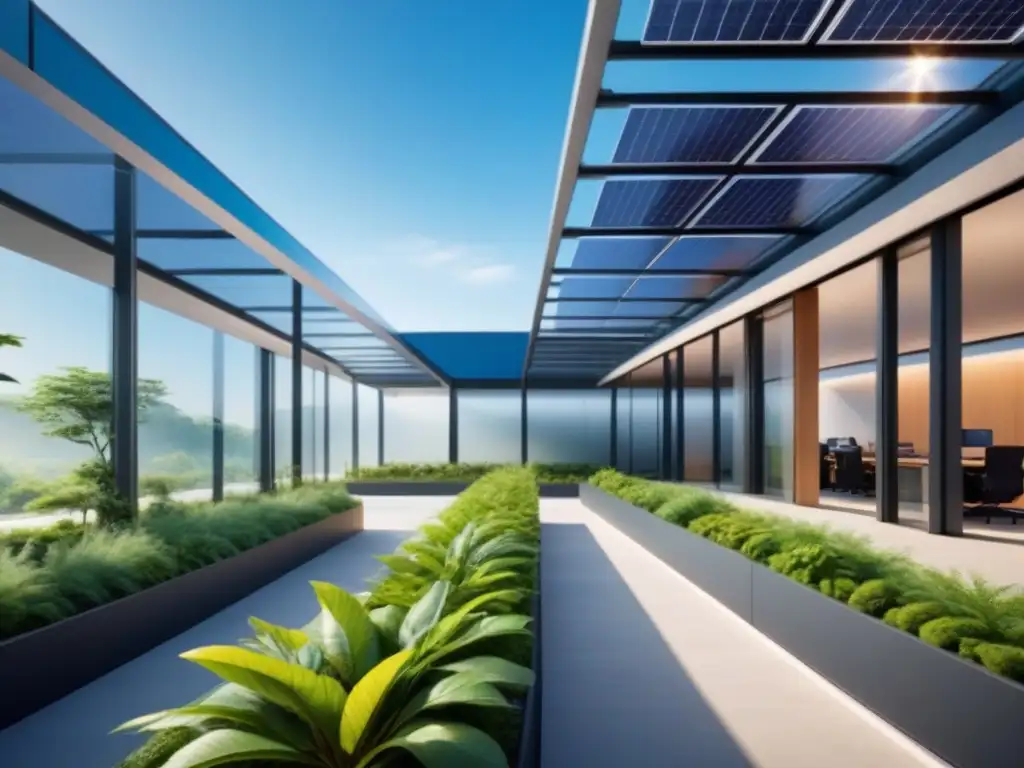 Edificio corporativo moderno con paneles solares, integrado en la naturaleza