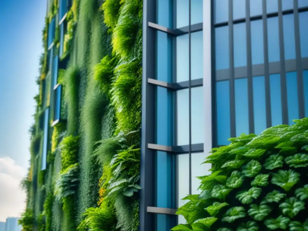 Edificio corporativo moderno con pared verde, reflejando liderazgo en sostenibilidad empresarial