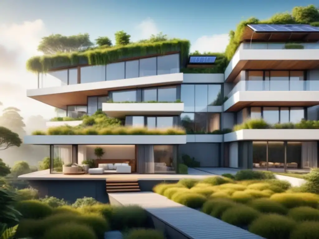 Edificio ecoamigable con diseño minimalista y materiales ecológicos, en armonía con la naturaleza y la sostenibilidad en construcción