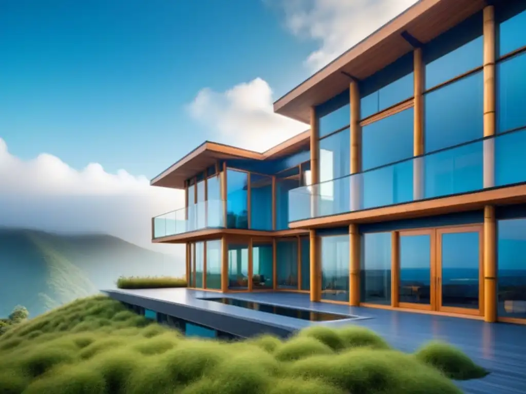 Edificio ecológico y futurista con materiales sostenibles como bambú, vidrio reciclado y paneles solares, integrado en armonía con el entorno
