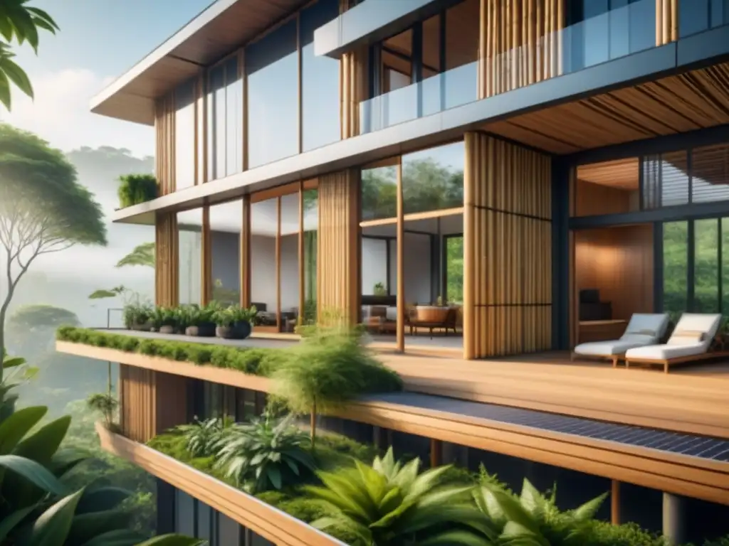 Un edificio ecológico moderno con materiales sostenibles como bambú, acero reciclado y paneles solares, rodeado de vegetación exuberante