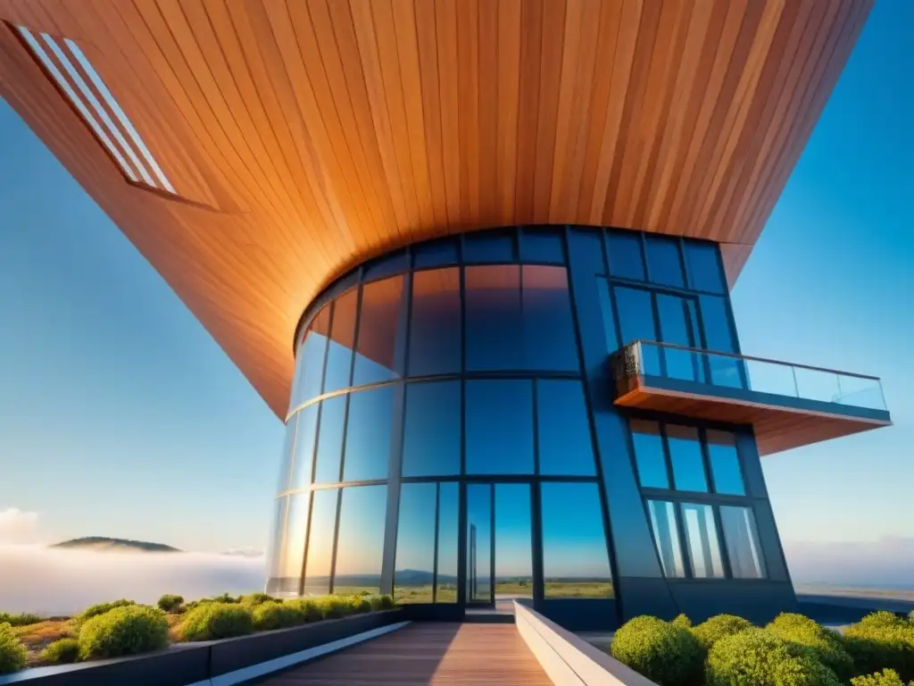 Un edificio futurista ecoamigable construido con materiales reciclados, en armonía con la naturaleza