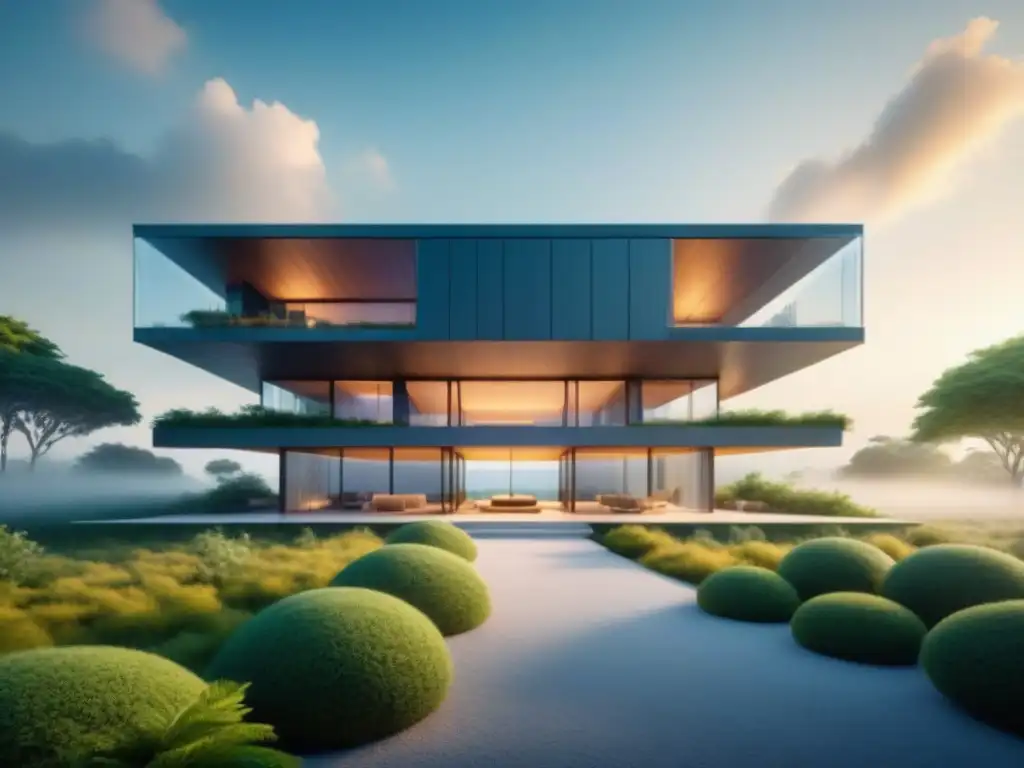 Edificio futurista sostenible de materiales reciclados, diseño innovador rodeado de vegetación exuberante, impacto en construcción sostenible