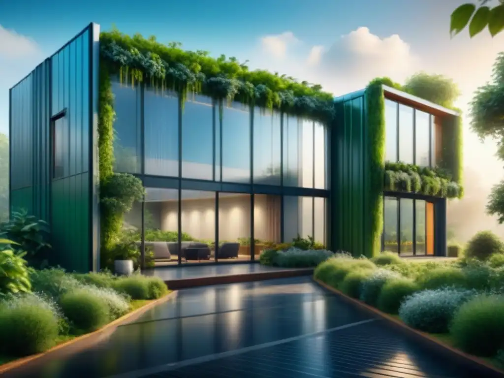 Edificio industrial con diseño bioclimático para el bienestar de los trabajadores, rodeado de naturaleza exuberante