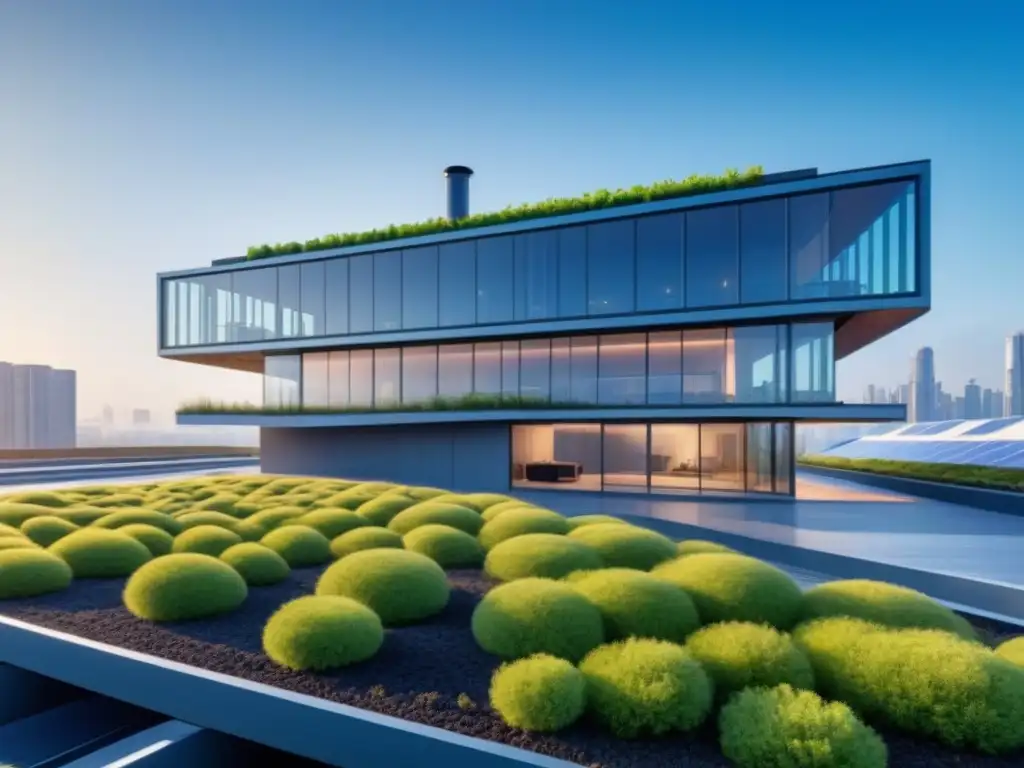 Edificio industrial futurista con diseño bioclimático destacando techos verdes, paneles solares y sistema de ventilación avanzado, en contraste con un cielo azul claro, resaltando la sostenibilidad y la innovación en la arquitectura industrial