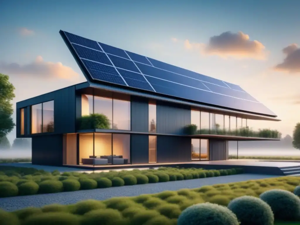 Edificio industrial futurista con paneles solares integrados, reflejando innovación y sostenibilidad