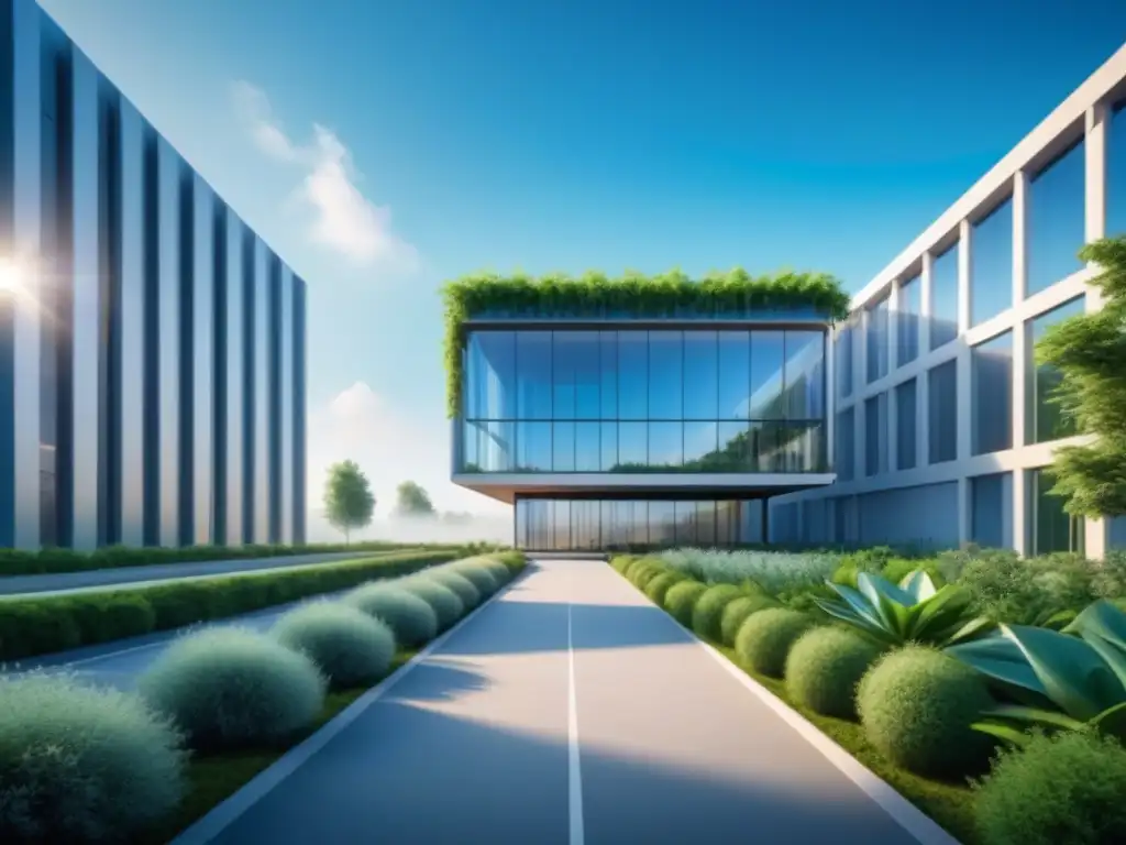 Edificio industrial moderno con arquitectura futurista, rodeado de naturaleza y cielos despejados, mostrando la biorremediación en empresas líderes