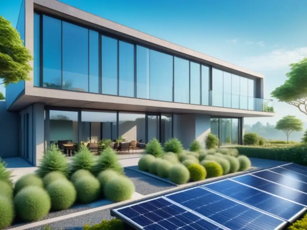 Edificio industrial moderno con diseño bioclimático, rodeado de vegetación y paneles solares, bajo cielo azul claro