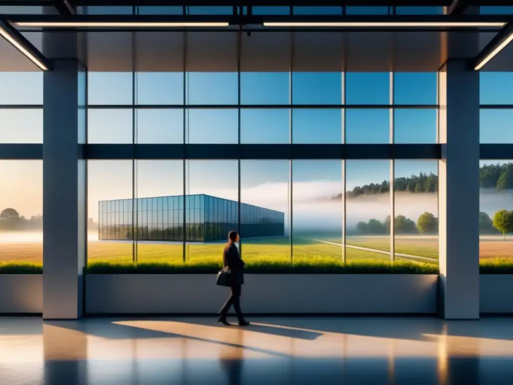 Edificio industrial moderno con grandes ventanas de vidrio reflejando el paisaje