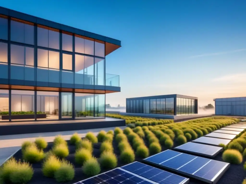 Un edificio industrial moderno con paneles solares y techos verdes, simbolizando innovación y sostenibilidad en el sector