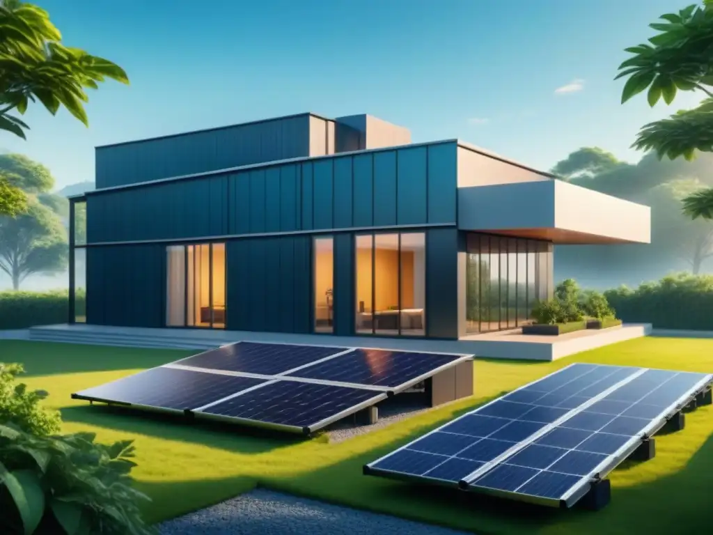 Arquitectura industrial sostenible: edificio moderno con paneles solares Un edificio industrial moderno con paneles solares y vegetación, destacando la eficiencia energética en diseño industrial