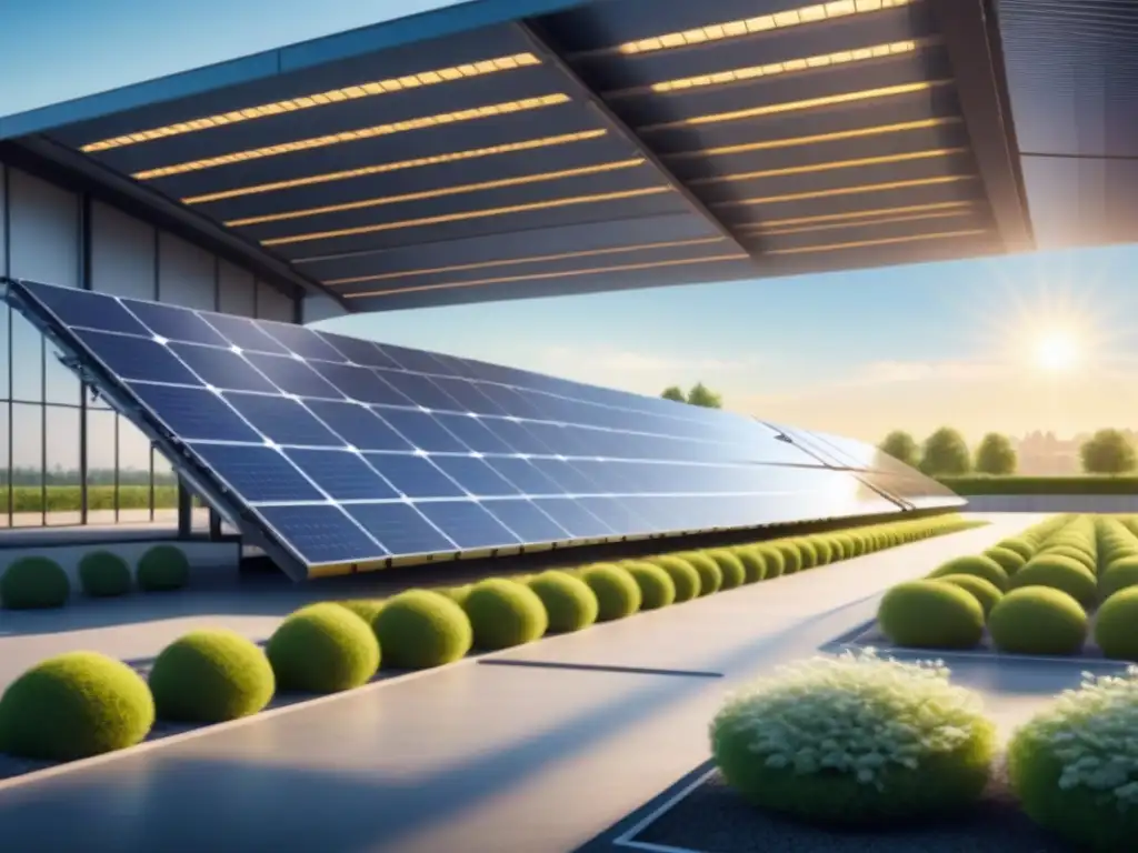 Instalación industrial sostenible con energía solar Edificio industrial moderno con refrigeración solar sostenible y eficiente, rodeado de vegetación, iluminado por el sol
