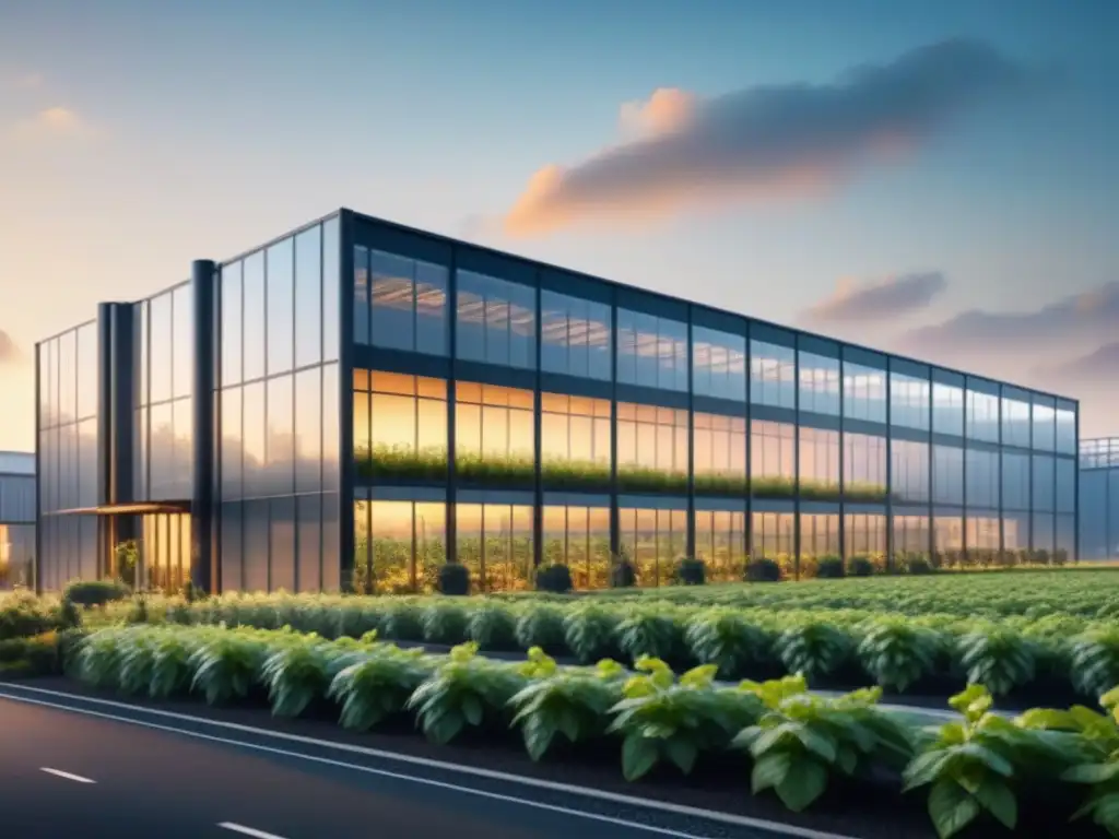 Un edificio industrial moderno rodeado de vegetación, con paneles solares en el techo y grandes ventanales que reflejan el cielo