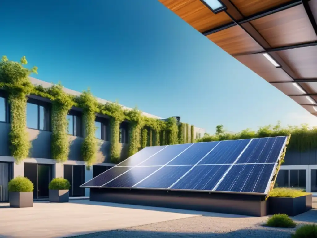 Edificio industrial moderno rodeado de vegetación, con paneles solares en el techo, bajo un cielo azul