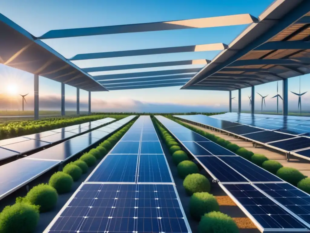 Un edificio industrial moderno y sostenible con paneles solares, turbinas eólicas y vegetación exuberante