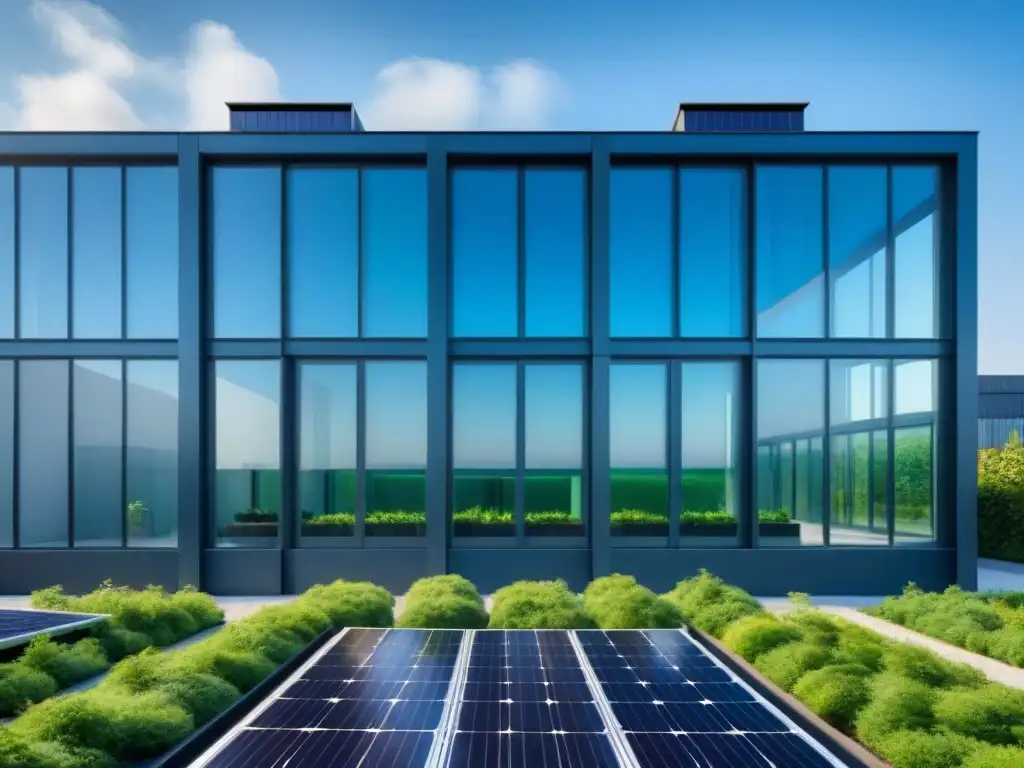 Edificio industrial sostenible con diseño moderno, rodeado de naturaleza y paneles solares