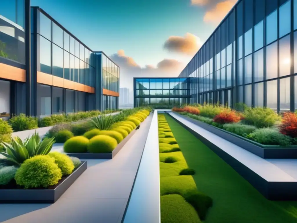Edificio moderno con jardín en la azotea reflejado en ventanales, simbolizando modelos de negocio sostenibles