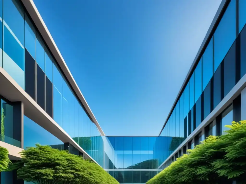 Un edificio moderno y elegante con fachada de cristal brillante, reflejando el cielo azul y rodeado de vegetación exuberante