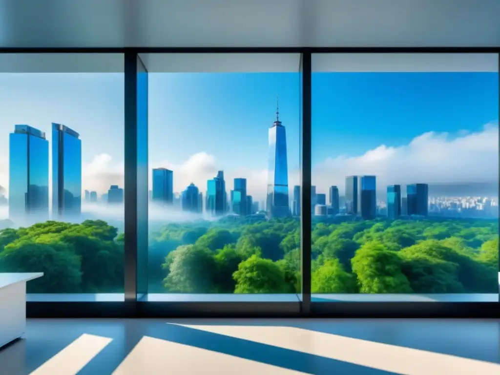 Edificio moderno con grandes ventanas, cielo azul y árboles verdes, guía de seguridad en propiedades industriales