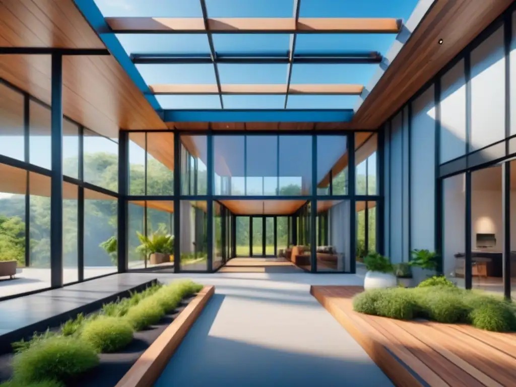 Edificio moderno de materiales sostenibles rodeado de naturaleza y paneles solares, impacto en la construcción ecofriendly