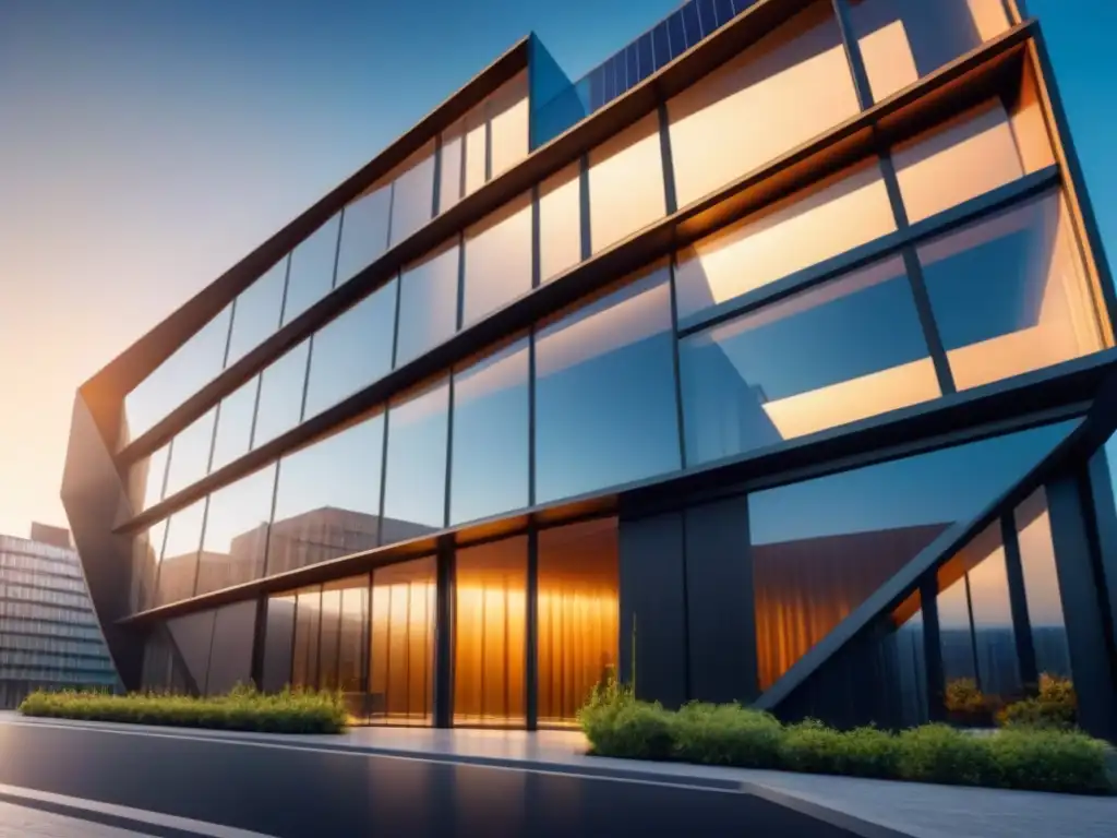 Edificio moderno con paneles solares integrados, reflejando la luz del sol