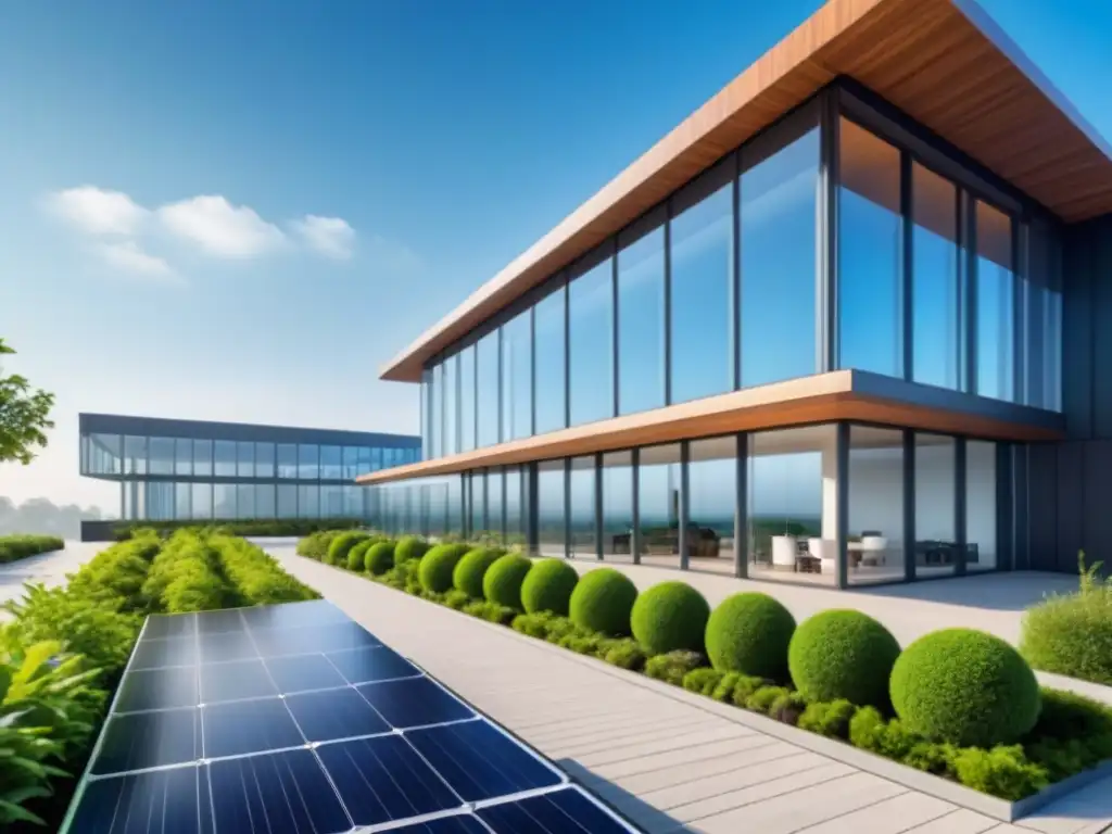 Edificio moderno con paneles solares, vegetación y luz natural, simbolizando una auditoría energética efectiva empresa