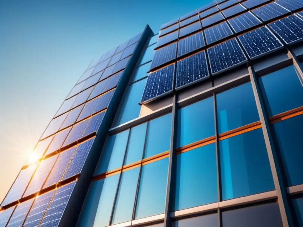 Un edificio moderno con paneles solares brillantes, reflejando la luz del sol en un cielo azul