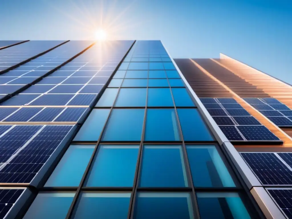 Edificio moderno con paneles solares integrados, reflejando el cielo azul