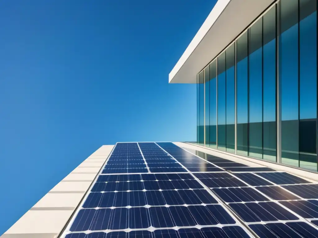 Un edificio moderno con paneles solares en su techo, reflejando la luz del sol