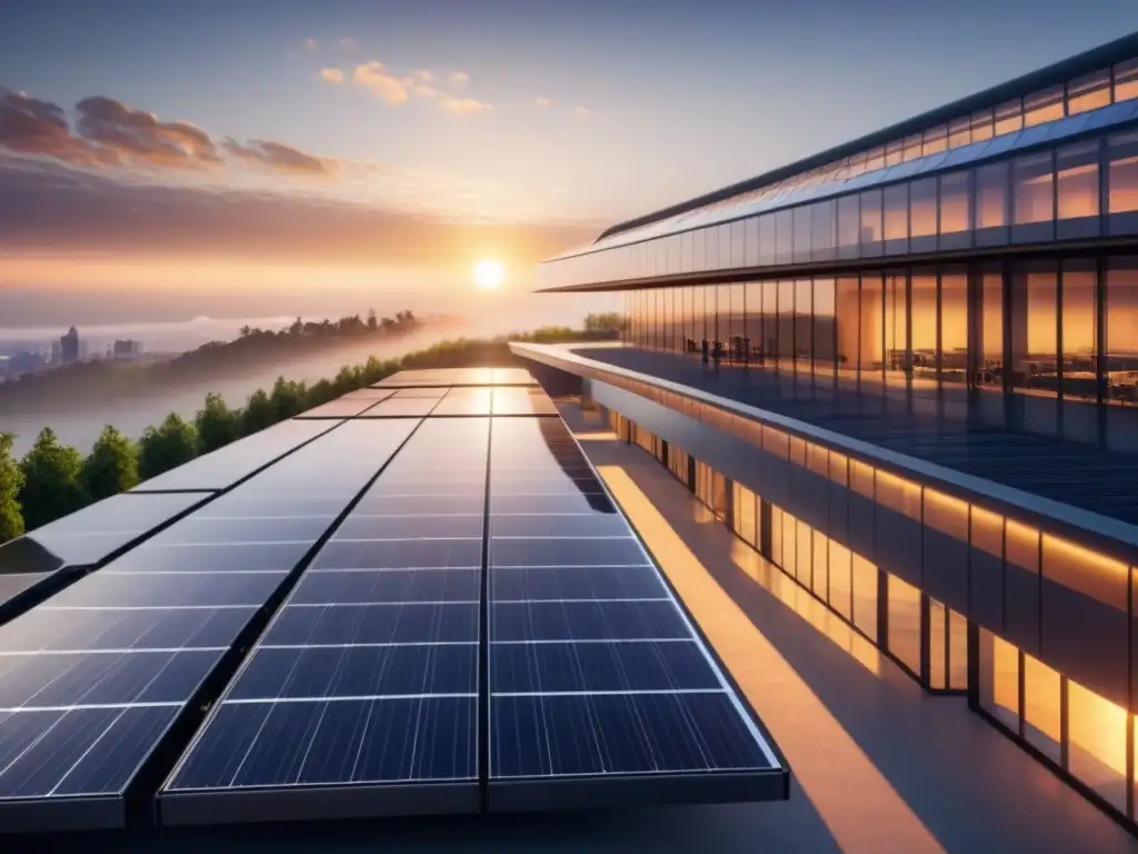 Edificio moderno con paneles solares brillantes al atardecer, simbolizando innovación y Fondos de energías renovables inteligente