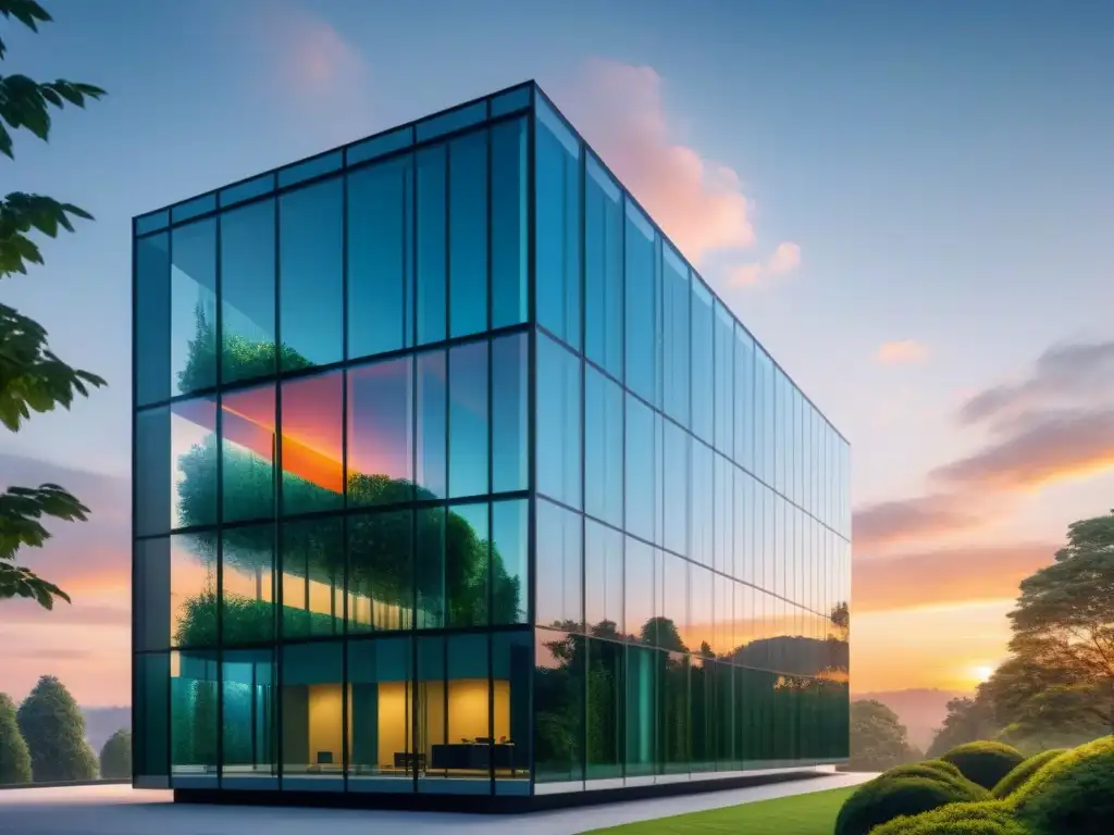 Edificio de oficinas futurista de vidrio al atardecer, reflejando el cielo y rodeado de árboles