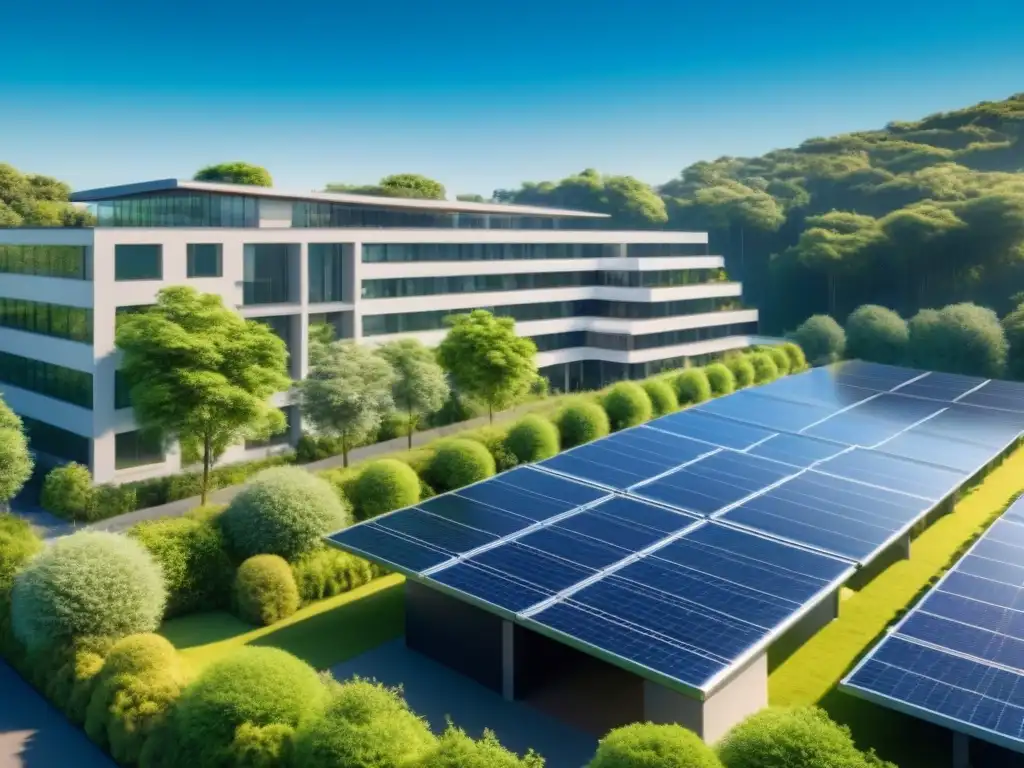 Un edificio de oficinas moderno con paneles solares en el techo, rodeado de vegetación, bajo un cielo azul claro