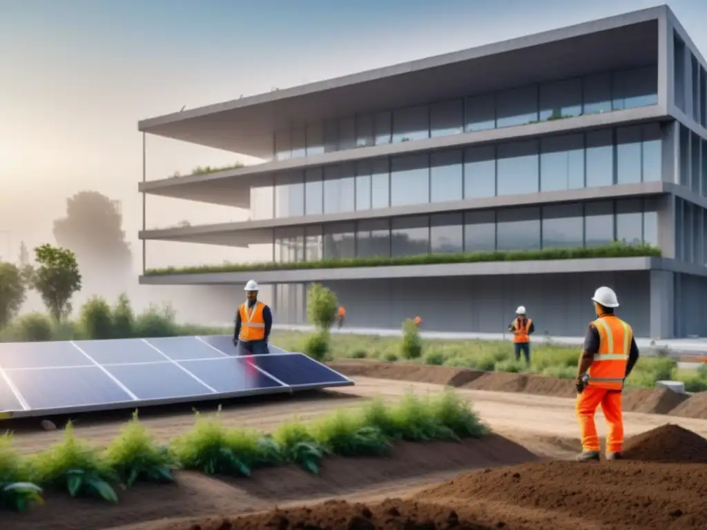 Edificio sostenible en construcción con diseño minimalista, paneles solares y obreros trabajando