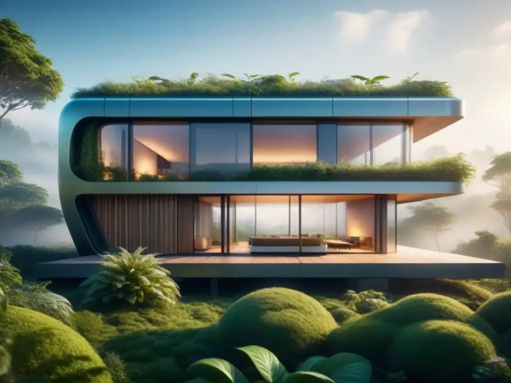 Edificio sostenible futurista con materiales biocompatibles, integrando naturaleza y arquitectura moderna