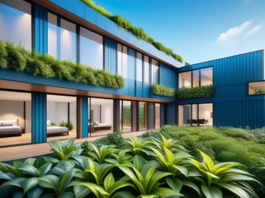 Edificio sostenible con materiales bioclimáticos integrados, rodeado de vegetación y bajo cielo azul