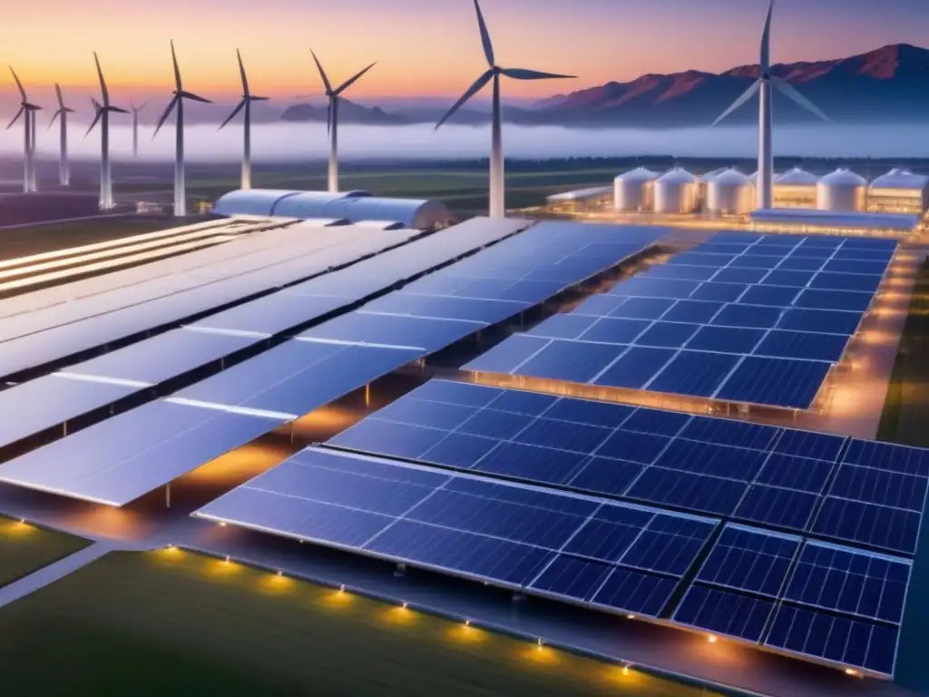 Eficiencia energética en industrias con IA: Planta industrial sostenible con energía solar y turbinas eólicas al atardecer