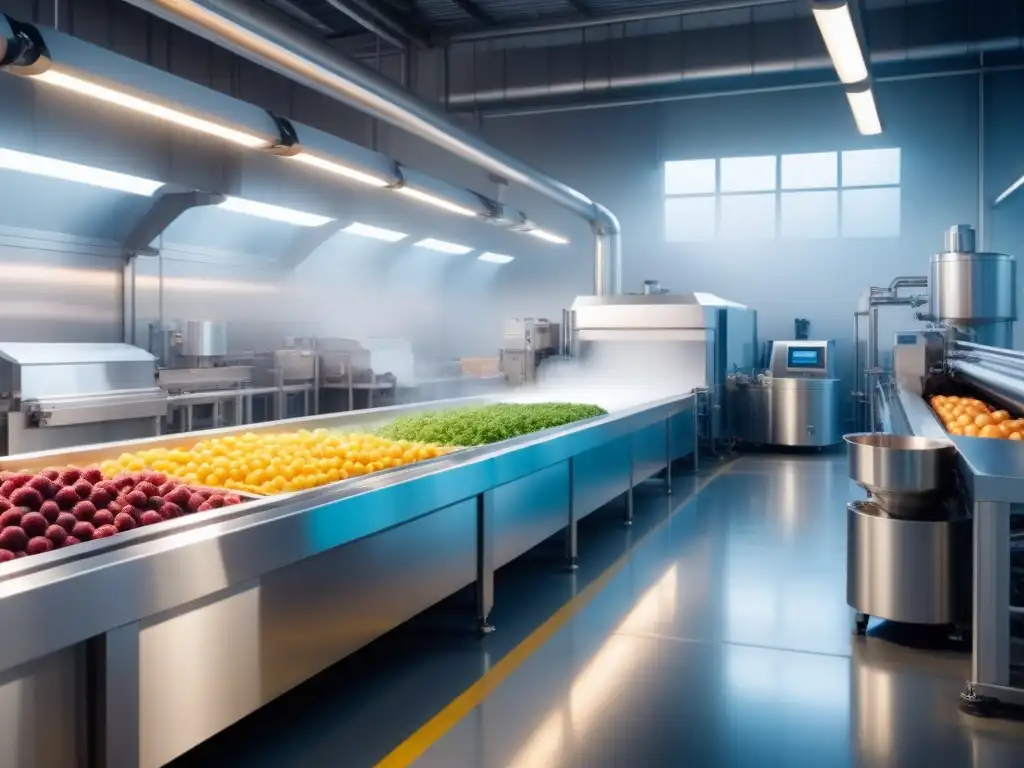 Planta hightech de procesamiento de alimentos: innovación en refrigeración Eficiencia y precisión en el enfriamiento ultrarrápido en industria alimentaria con maquinaria futurista y ambiente blanco impecable
