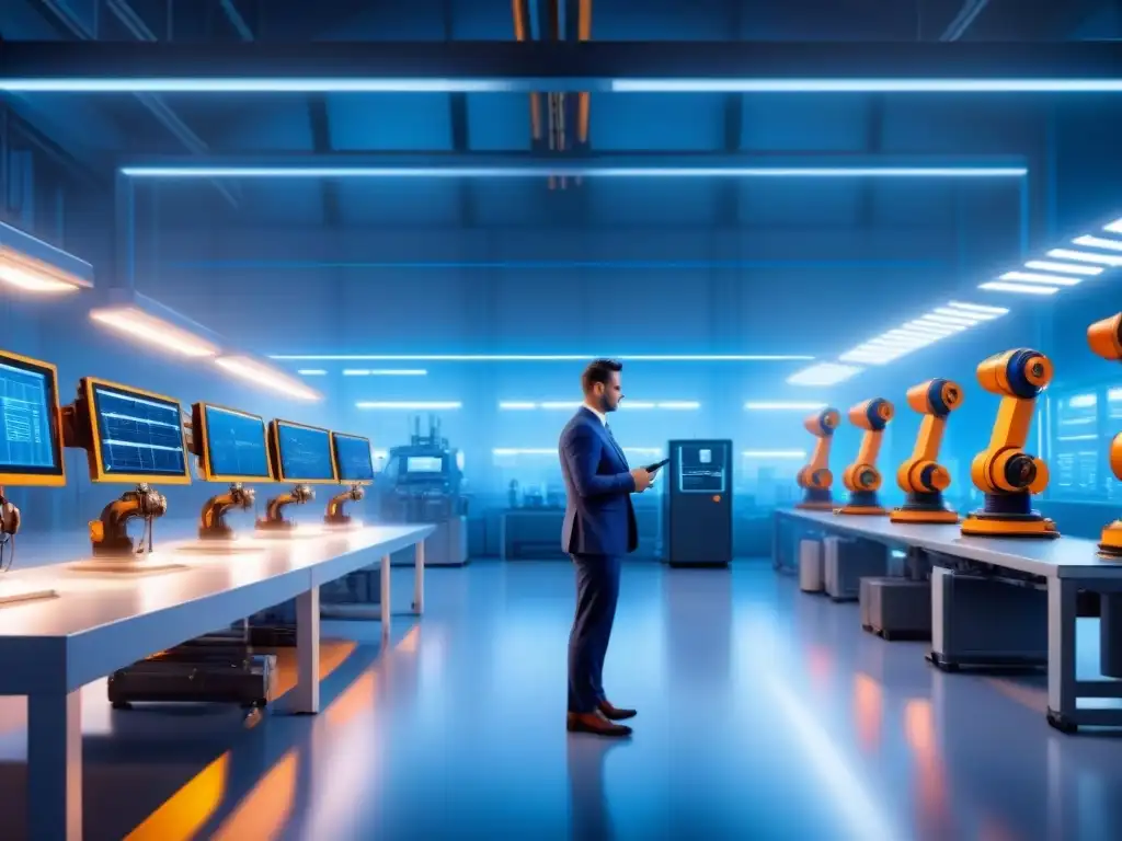 Eficiencia e innovación en una fábrica inteligente con maquinaria interconectada y brazos robóticos, iluminada en azul futurista
