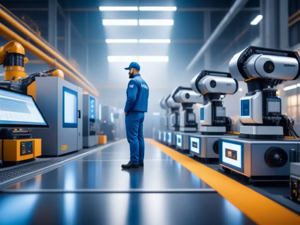 Eficiencia en mantenimiento predictivo industrial: Una planta industrial futurista con maquinaria avanzada y robots, en tonos de plata, azul y blanco
